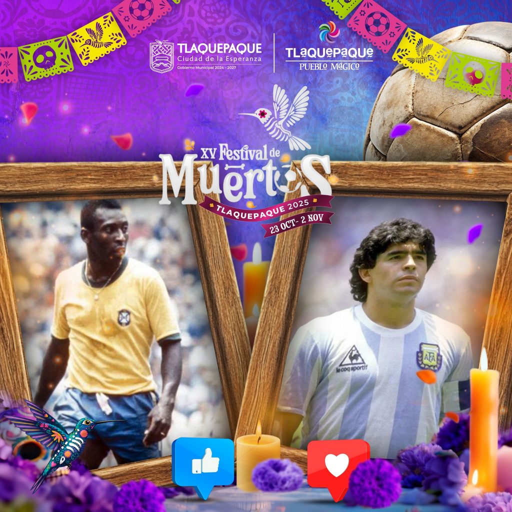Festiva día de Muertos Mundialista futbol 2026 en Guadalajara dedicado a Pele y Maradona